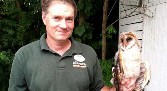 Tim with a barn owl chick