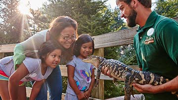 kid in Hershey Kisses shirt petting an iguana